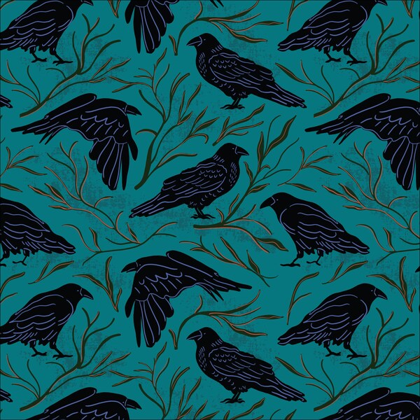 Organic Halloween Cotton Fabric by the Yard - Mystery at Moonstone Manor The Raven - Tara Reed for Cloud Nine 227311