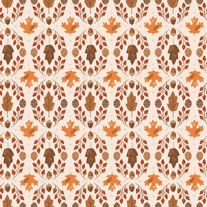 May include: A seamless pattern featuring a repeating design of brown and orange leaves, acorns, and pine cones on a cream background.