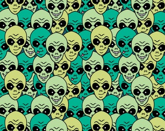 Alien Cotton Fabric by the Yard - I Want to Believe Extraterrestrials in Green - Camelot 21210501-1