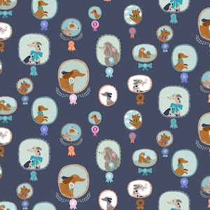 May include: A navy blue pattern featuring various dog breeds in oval frames, each with a ribbon and laurel wreath. The dogs are depicted in different poses and colors, creating a playful and decorative design.