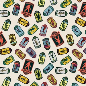 May include: A seamless pattern featuring colorful illustrations of mythical creatures and the text "Legends of the National Parks". The illustrations include a Bigfoot, a Jackalope, a Wendigo, a Lizardman, a Cave Dragon, a Mothman, a Swamp Ape, a Giant Mummy, a Shell-Monster, and a Walking Sun.
