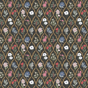 May include: A seamless pattern featuring a repeating design of various flowers and leaves in shades of pink, blue, red, and white, set against a black background. The flowers are arranged in a diamond pattern, with gold outlines creating a lattice effect.