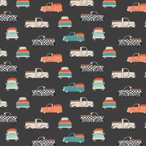 May include: A seamless pattern featuring vintage pickup trucks in various colors, including teal, coral, and white, with black and white checkered patterns. The trucks are filled with red apples and are set against a dark gray background.