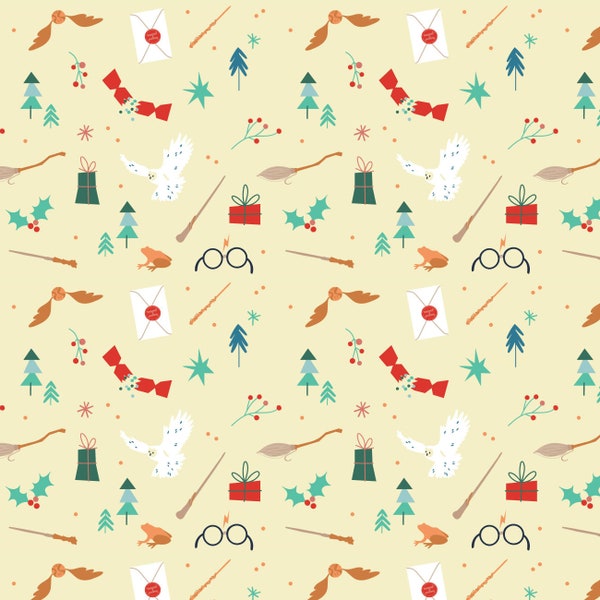 Harry Potter Christmas Cotton Fabric by the Yard - Character Winter Holiday IV Winter Holiday Toss Cream - Camelot 23800897-4