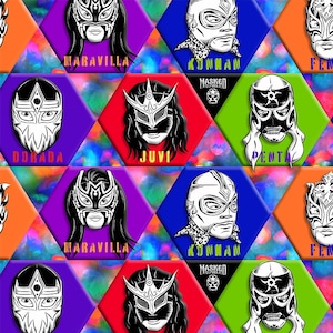 May include: A colorful collage of hexagonal tiles featuring masked wrestlers. Each tile has a different wrestler with a unique mask design and name. The names include "Dorada", "Juvi", "Penta", "Kunnan", "Maravilla", and "Fenix". The tiles are arranged in a repeating pattern.