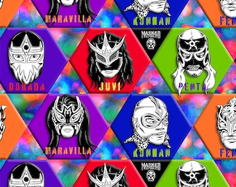 Può includere: Un collage colorato di piastrelle esagonali con lottatori mascherati. Ogni piastrella presenta un lottatore diverso con un design di maschera unico e un nome. I nomi includono "Dorada", "Juvi", "Penta", "Kunnan", "Maravilla" e "Fenix". Le piastrelle sono disposte in uno schema ripetitivo.
