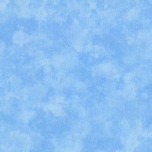 May include: Light blue fabric with a mottled, cloud-like pattern. The fabric has a textured appearance, with variations in the blue hues creating a soft, watercolor effect. The overall design is reminiscent of a cloudy sky.