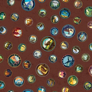 U.S. National Parks Cotton Fabric by the Yard - Emblems Brown - Riley Blake CD13292-BROWN