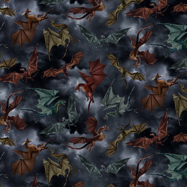 Dragon Cotton Fabric by the Yard - Dragon's Lair Dragon's Battle Grey - Timeless Treasures CD2494