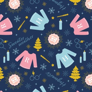 May include: A navy blue pattern featuring pink and light blue sweaters with the letters "R" and "H", wands, snowflakes, candles, and the words "Sweater weather" and "Hogwarts". The design includes gold stars and a yellow Christmas tree.
