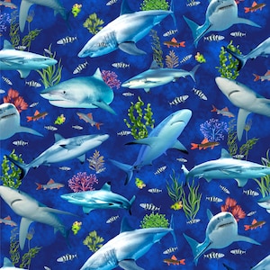 Ocean Cotton Fabric by the Yard - Ocean Life Reef Shark and Fishes - Timeless Treasures CD3132