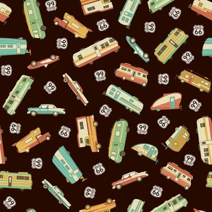 Vintage Camper Cotton Fabric by the Yard - Route 66 Main Black - Riley Blake C15010-BLACK
