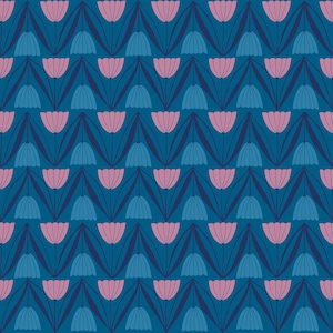May include: A seamless pattern featuring pink and blue stylized flowers on a dark blue background. The flowers are arranged in a repeating pattern, creating a symmetrical design.