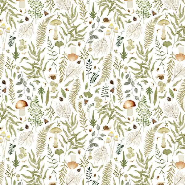 Mushroom Cotton Fabric by the Yard - Moonflower Verdure White - Dear Stella D2723-WHITE