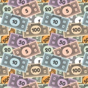 May include: A seamless pattern of Monopoly money in various denominations. The bills are in shades of blue, green, orange, and purple, with the Monopoly logo and value clearly displayed. The background is a mix of different bills.