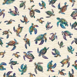 Turtle Cotton Fabric by the Yard - Endless Blues Sea Turtle Toss Cream - QT Fabrics 30044-E