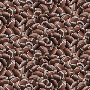 May include: A seamless pattern of brown footballs with white stripes and laces. The footballs are arranged in a dense, overlapping pattern, creating a textured and dynamic visual effect. The image is suitable for sports-themed designs.
