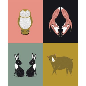 May include: A digital illustration of four animals: a brown owl with closed eyes, two red foxes facing each other, two black rabbits with white fur on their chests, and a brown bear walking to the right.