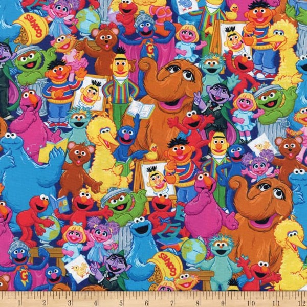 Sesame Street Cotton Fabric by the Yard - The Gang Cartoon - QT Fabrics 28546-X