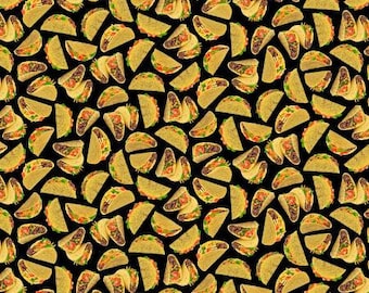 Taco Cotton Fabric by the Yard - In Queso Emergency Delicious Hard Shell Tacos Black - Timeless Treasures CD2216