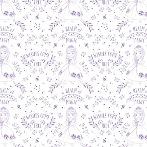 May include: Purple and white seamless pattern featuring a princess in a gown, floral vines, and the text "a realm of magic" and "wishes come true".