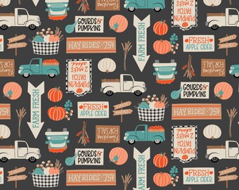 Fall Cotton Fabric by the Yard - I Love PSL Pumpkin Patch Charcoal - Camelot 27210201-1