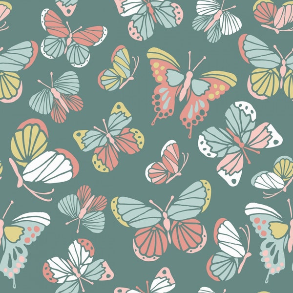 Butterfly Cotton Fabric by the Yard - Blossom and Grow Butterfly Toss Teal - Studio E 6095-77