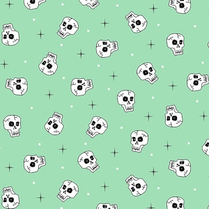 May include: A repeating pattern of white skulls on a light green background. The skulls are simple and stylized, with black eyes and a black crossbones design. The background is dotted with white dots and has a subtle star pattern.