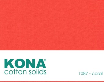 May include: A solid coral colored Kona cotton fabric swatch. The fabric is a solid color with a slight texture. The text "KONA cotton solids" and "1087 - coral" is printed on a white label below the fabric swatch.