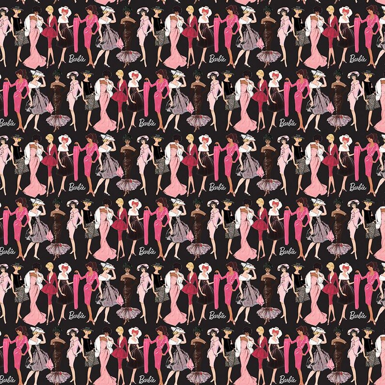 Barbie Cotton Fabric by the Yard - Barbie Vintage Fashion Black - Riley ...