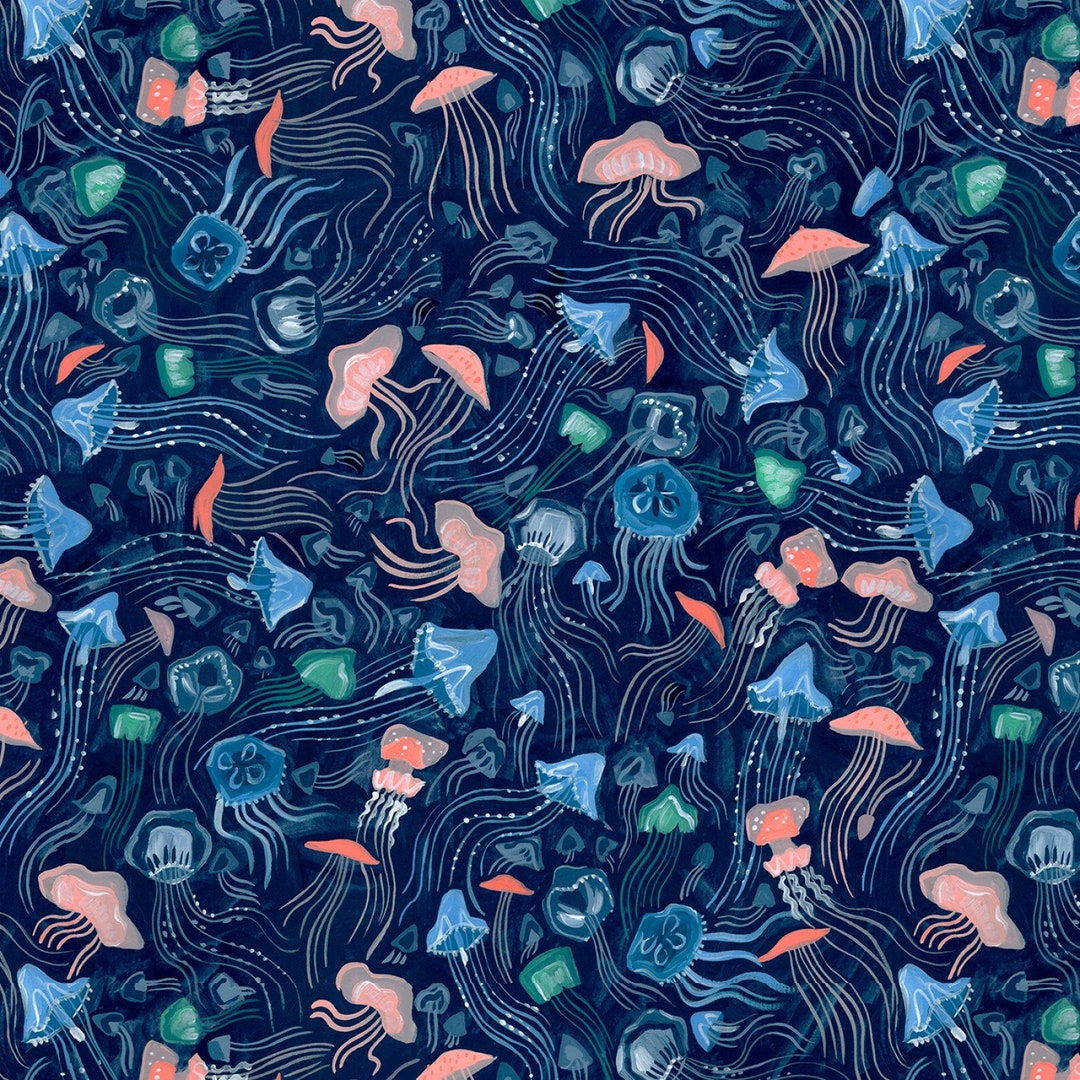 Nautical Cotton Fabric by the Yard Illuminary Sea Jellyfish Etsy