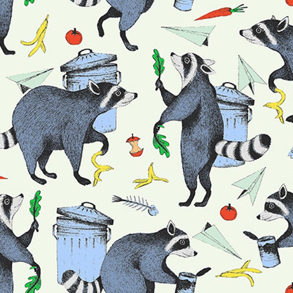 Racoon Cotton Fabric by the Yard - Raccoon Ruckus Main Cream - Allira Tee by Paintbrush Studio Fabrics 120-22711