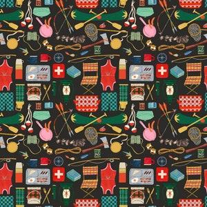 Camping Cotton Fabric by the Yard - Gone Camping Camping Gear Ebony - Dear Stella DFG2496-EBONY