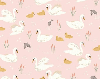 Swan Cotton Fabric by the Yard - Little Swan Main Blush  - Little Forest Atelier for Riley Blake C13740-BLUSH