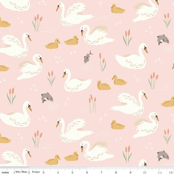 Swan Cotton Fabric by the Yard - Little Swan Main Blush  - Little Forest Atelier for Riley Blake C13740-BLUSH