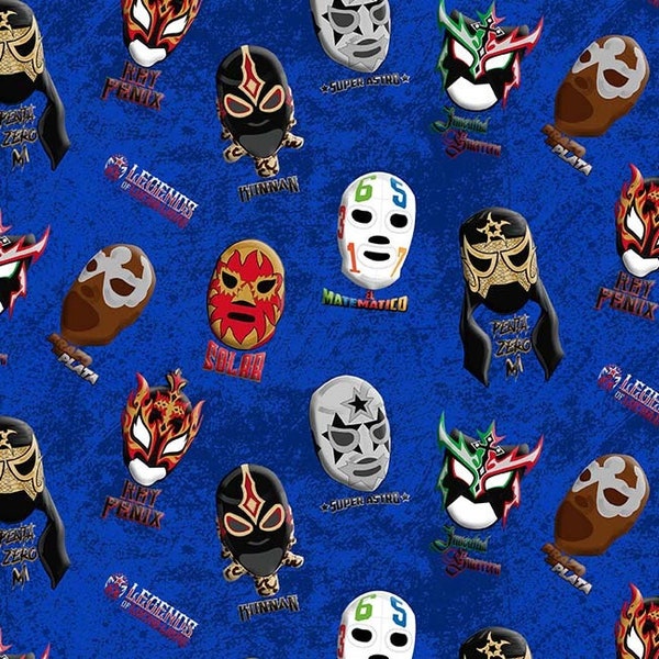 Lucha Libre Cotton Fabric by the Yard - Legends of Lucha Libre Masks Blue- Michael Miller DDC10404-BLUE