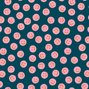 May include: A repeating pattern of pink smiley faces with orange mouths on a dark teal background. The faces are evenly spaced and create a cheerful, playful design. This pattern is suitable for various applications.