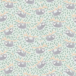 Sloth Cotton Fabric by the Yard - Call of the Wild Hanging in There Sloth Mist - Dear Stella 1215
