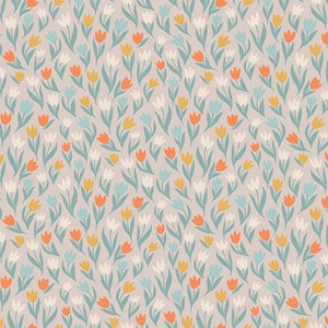 May include: A seamless pattern featuring a field of colorful tulips in shades of orange, yellow, white, and blue. The tulips are arranged in a random pattern on a light gray background.