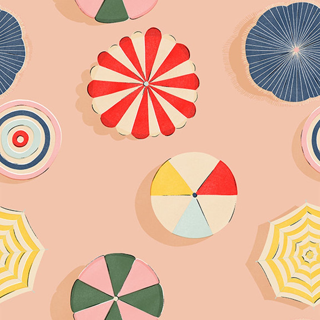 Beach Cotton Fabric by the Yard Beach Day Umbrellas Peach MK Surface