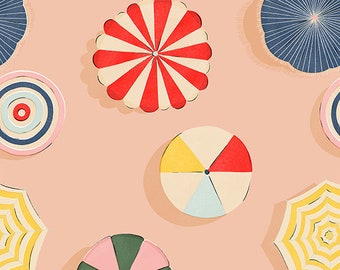 Beach Cotton Fabric by the Yard - Beach Day Umbrellas Peach - MK Surface for Paintbrush Studio Fabrics 120-23119