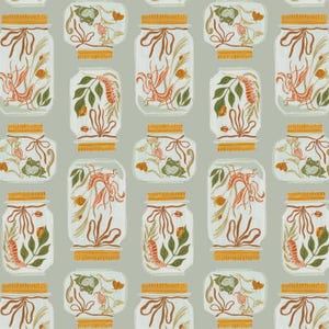 May include: A repeating pattern of glass jars filled with various plants and insects. The jars have orange lids and are tied with orange ribbons. The jars contain green leaves, orange insects, and small frogs. The background is a light gray color.