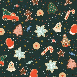 Christmas Cotton Fabric by the Yard - Holiday Classics III Christmas Cookies Evergreen Metallic - Rifle Paper Co. Cotton + Steel RP617-EV1M