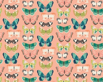 May include: A seamless pattern featuring colorful butterflies with intricate designs on a peach background.
