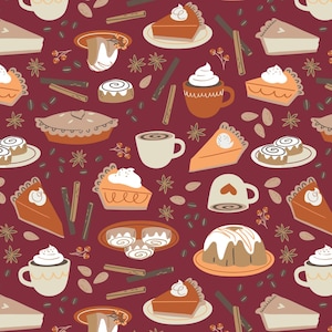 May include: A seamless pattern featuring various fall treats on a burgundy background. The design includes slices of pumpkin pie topped with whipped cream, cinnamon rolls, coffee mugs, and star anise. Scattered almonds and cinnamon sticks complete the autumn theme.