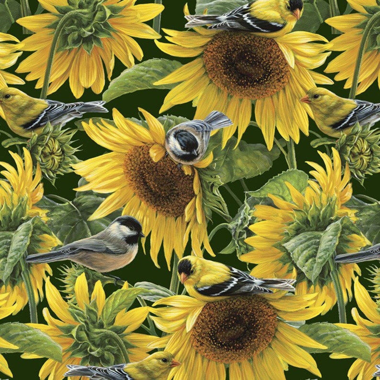 Sunflower Cotton Fabric by the Yard Sunflowers and Birds Etsy