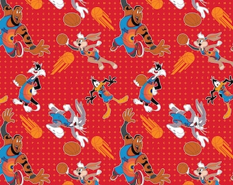 May include: A red background with a repeating pattern of basketball players and cartoon characters. The characters include Bugs Bunny, Daffy Duck, and a basketball player wearing a red, orange, and blue jersey. The text "Space Jam" is repeated throughout the pattern.