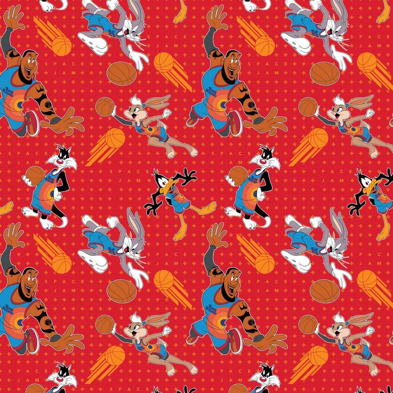 Space Jam Cotton Fabric by the Yard - Red Space Jam Players Tonal ...