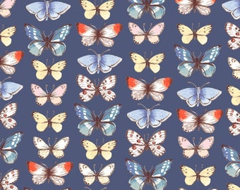 May include: A fabric with a repeating pattern of watercolor butterflies in various colors, including blue, yellow, red, and pink, against a dark blue background. The butterflies are arranged in a seemingly random, yet organized, layout. A ruler is at the bottom.