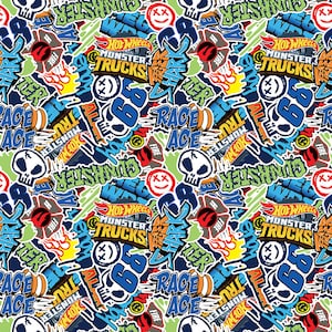 Hot Wheels Monster Truck Cotton Fabric by the Yard - Hot Wheels Monster Trucks Logos Multi - Riley Blake CD12951-MULTI